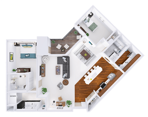 Floor plan for 2 beds, 2 baths, 1411 sqft